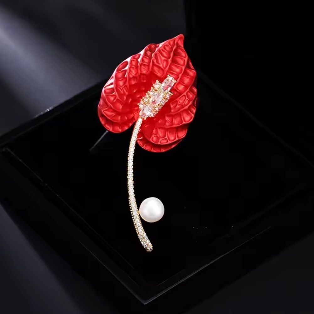 Red Anthurium Pearl Brooch Pin